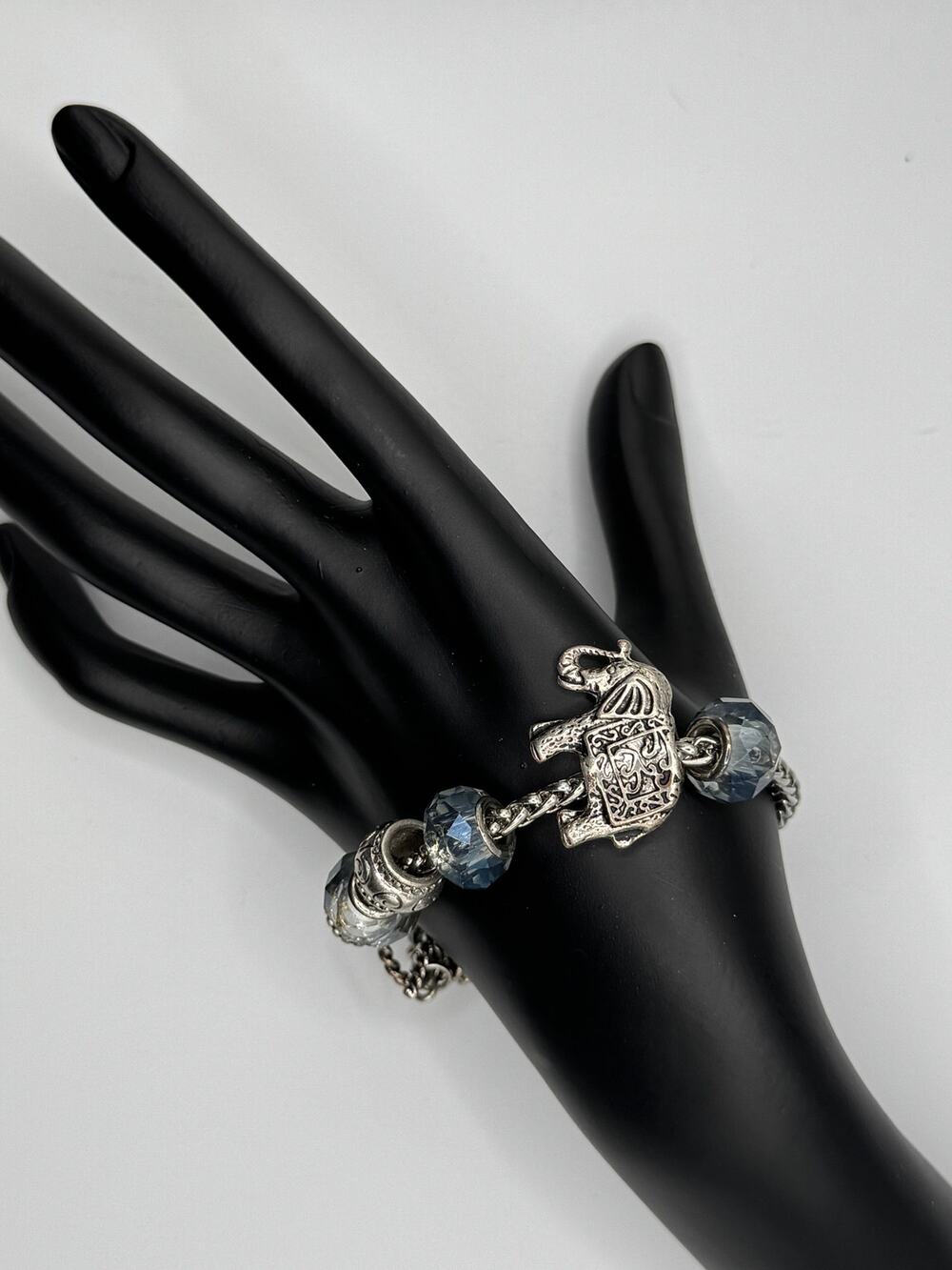 Silver Tone Elephant Bracelet Blue Faceted Beads Ornate Boho Toggle Clasp